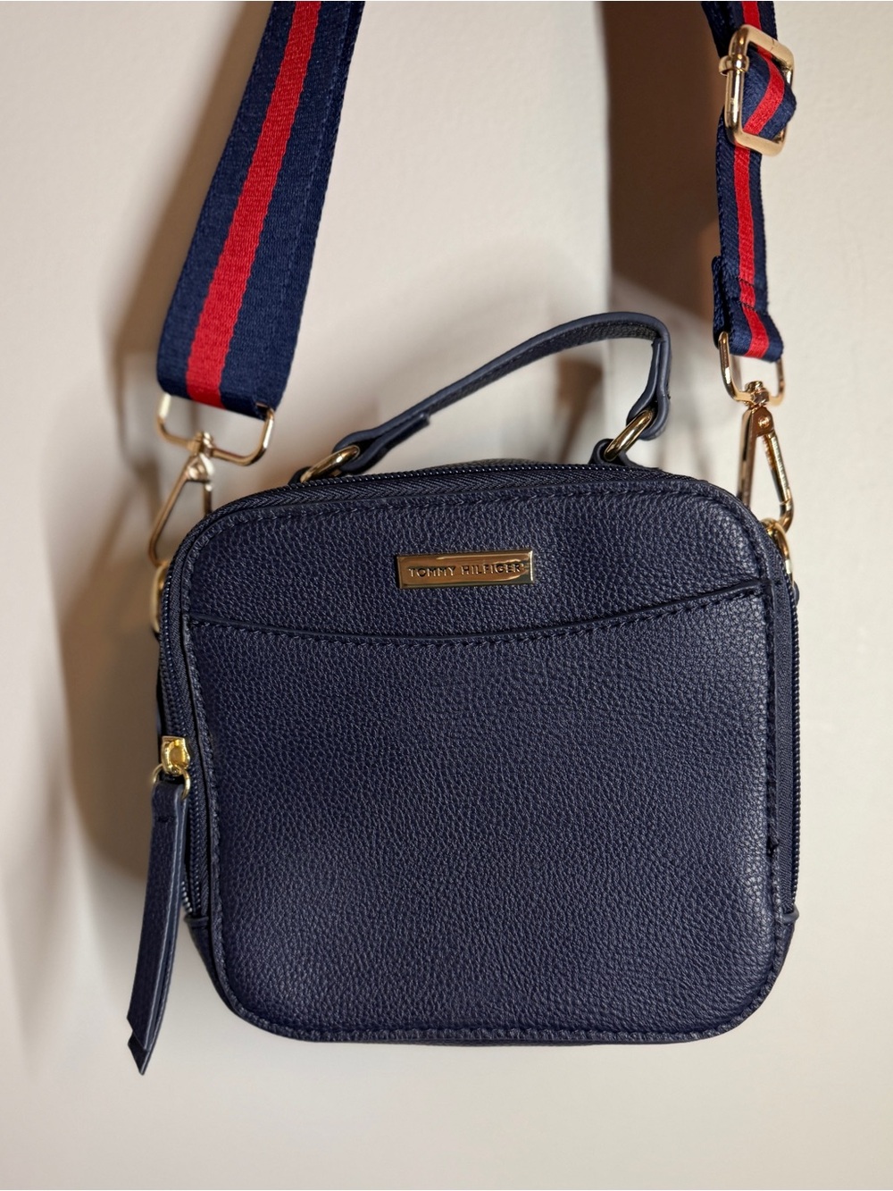 Tommy Hilfiger Navy Crossbody Purse gold accents with Adjustable Strap